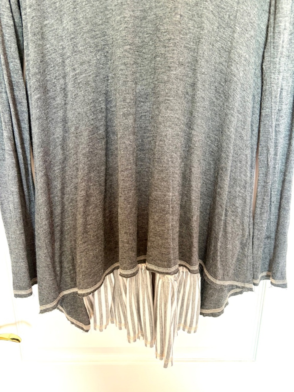 Anthropologie Scrapbook Originals Gray Mixed Media Tunic Top Lace Ruffles Stripe - Picture 7 of 16